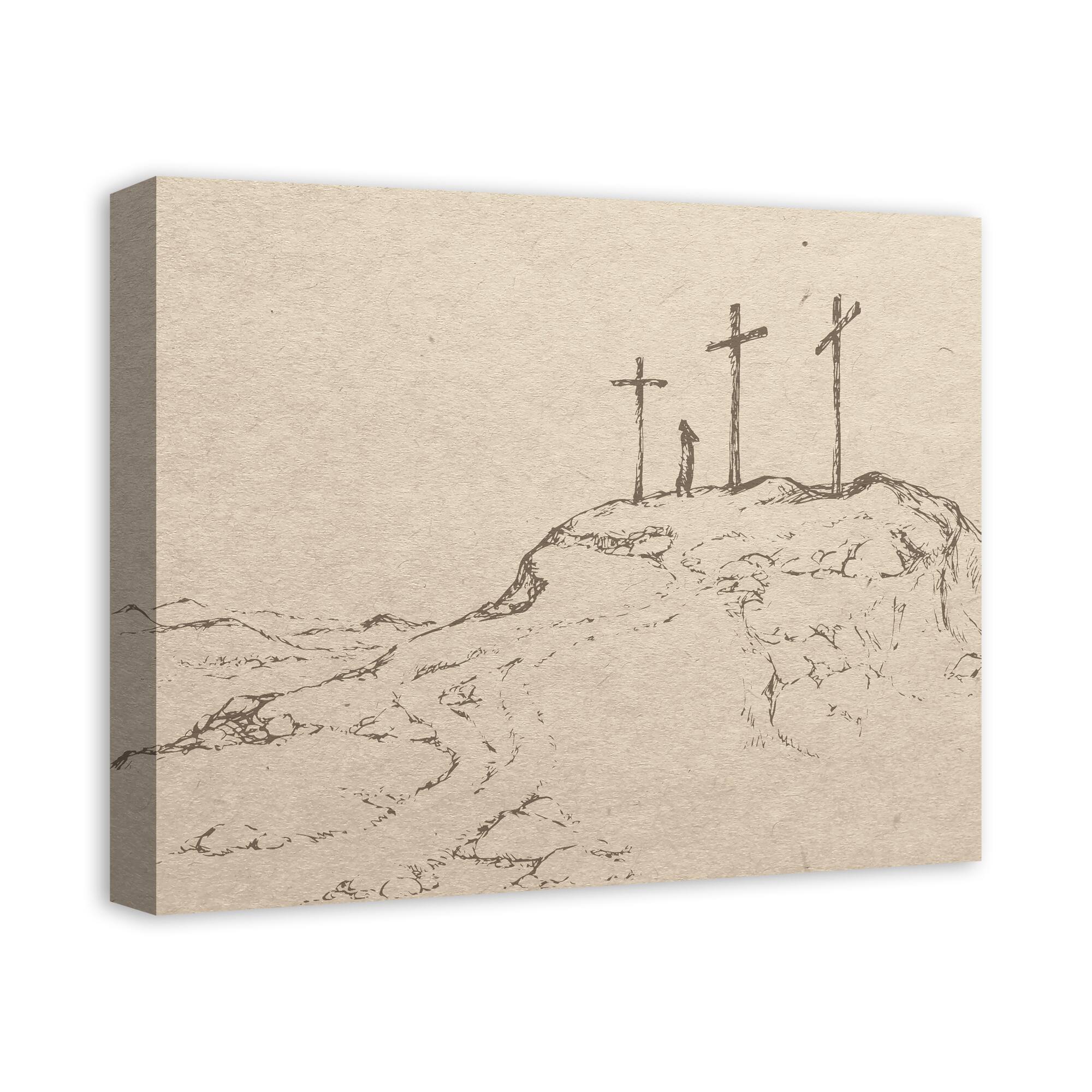 Crosses On Hill Sketch 2 16" x 20" Canvas Wall Art
